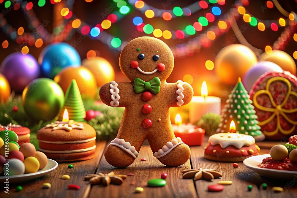 Obraz premium A Vibrant Gingerbread Man Celebrating Joyfully at a Festive Party Surrounded by Colorful Decorations and Treats, Perfect for Holiday and Party-Themed Stock Photography