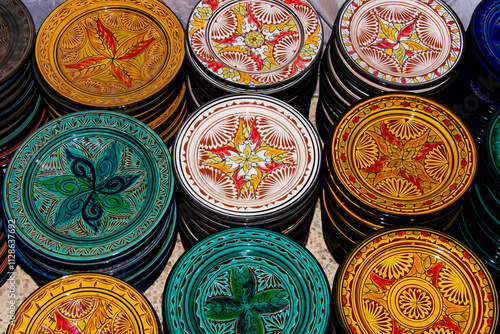 Pretty Moroccan pottery in one of the country's many souks photo