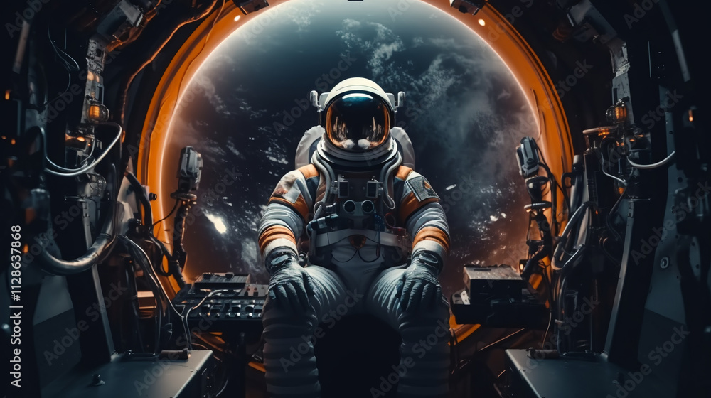 Naklejka premium an astronaut sitting in the circular window inside their spacecraft.