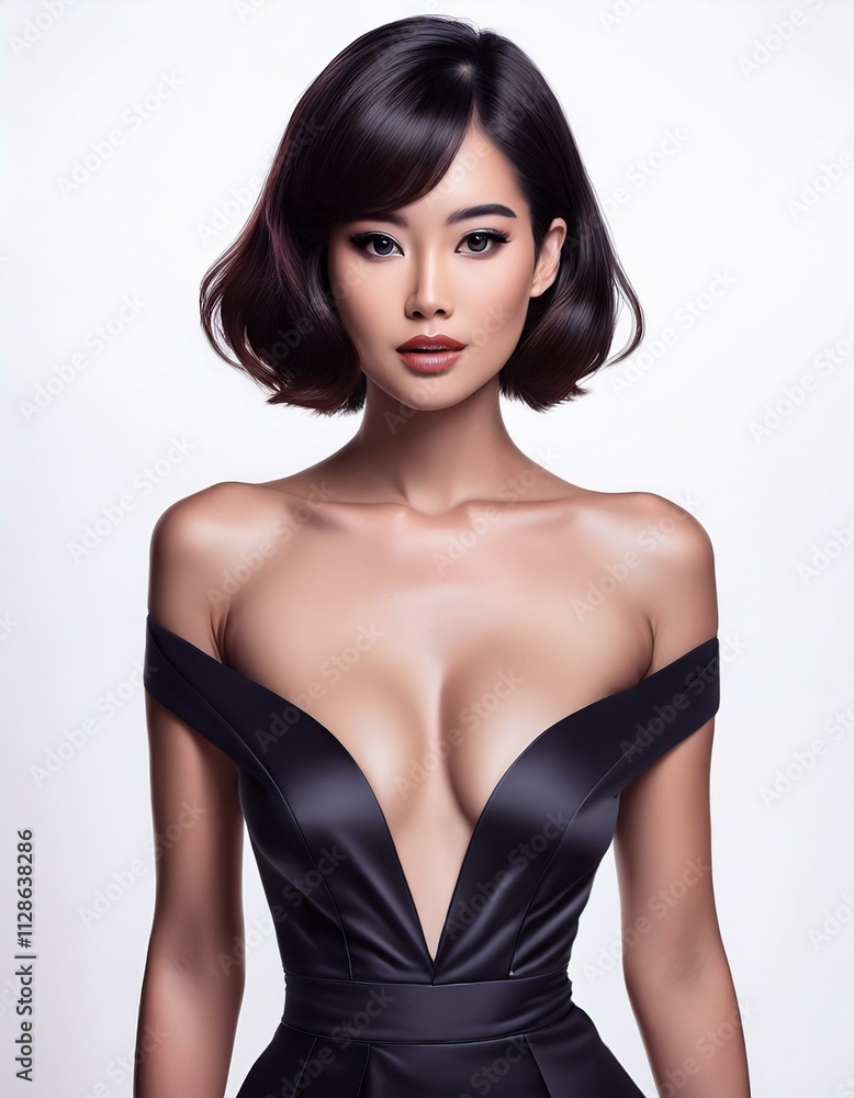 studio portrait of a brunette model with short hair wearing a low cut black silk dress with nude shoulders on white background, fashion photography studio portrait of a brunette model with short hair wearing a low cut black silk dress with nude shoulders on white background, fashion photography