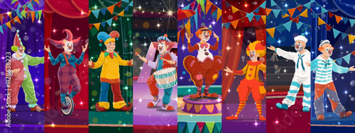 Cartoon circus clown characters collage. Vector funnyman artists on big top tent arena in playful poses and bright costumes capturing the joyful spirit of the circus entertainment, festivity and event