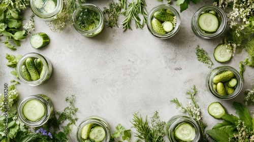 Jars of pickled cucumbers and fresh herbs arranged on a grey surface, forming a frame with copy space in the center.