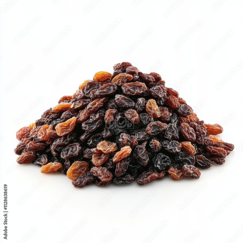 Pile of raisins isolated on white background, angled view Pile of raisins isolated on white background, angled view