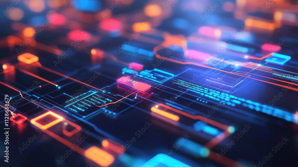 Abstract digital circuit board with glowing lines and data streams. Abstract digital circuit board with glowing lines and data streams.