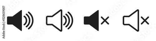 speakers icon set, sound icon set, volume on off icon set, speaker on off icon set, sound system sign, audio symbol, speaker icon for app, ui and website, vector illustration on transparent background