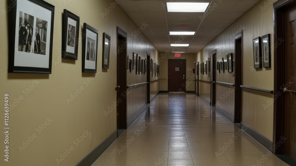 Long hallway with framed photos and doors. Long hallway with framed photos and doors.