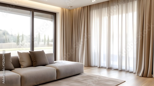 Photo of a modern living room with large windows and light wood floors, a beige sofa