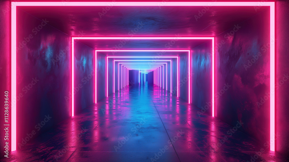 Neon-lit geometric shape with laser glow in dark tunnel Neon-lit geometric shape with laser glow in dark tunnel