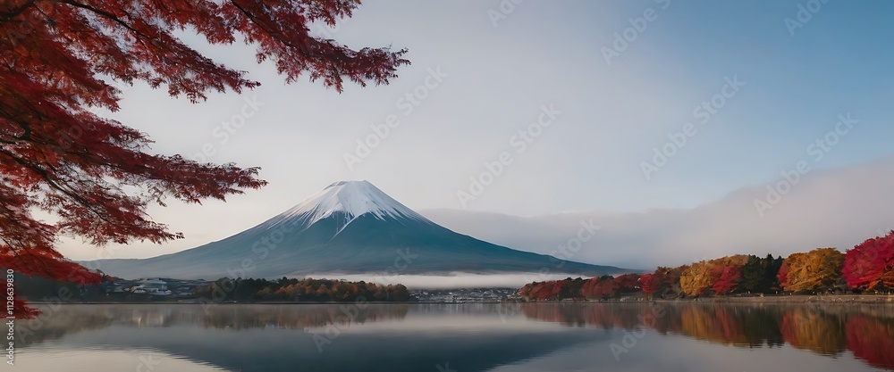view of Mount Fuji, partially shrouded in mist, with vibrant autumn foliage in the foreground. view of Mount Fuji, partially shrouded in mist, with vibrant autumn foliage in the foreground.