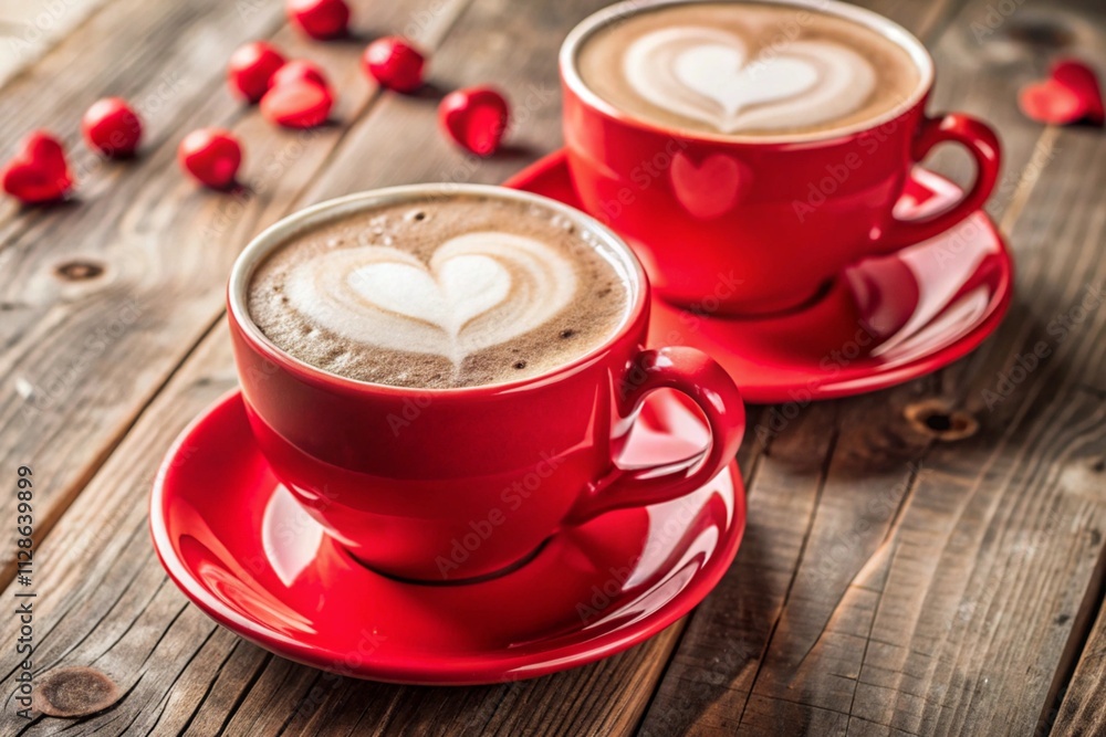 Valentine's Day concept for cafes and restaurants. Red latte coffee cups with hearts around. Hot drinks for lovers. Valentine's Day concept for cafes and restaurants. Red latte coffee cups with hearts around. Hot drinks for lovers.