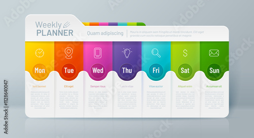 Weekly planner timeline infographic, daily week schedule, plan or step timetable vector template with modern line graphic symbols. School or business weekly planner timetable color info chart