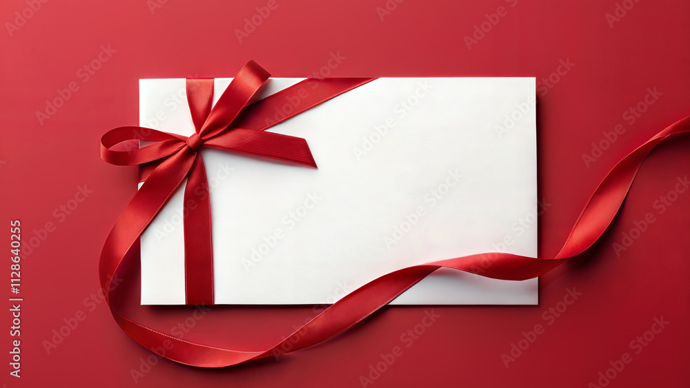 Blank Card mockup with red ribbons on red background. Blank invitation, holiday greeting card mockup with copy space Blank Card mockup with red ribbons on red background. Blank invitation, holiday greeting card mockup with copy space