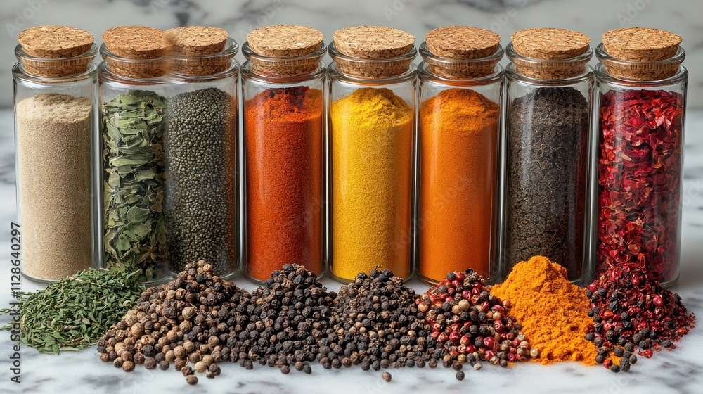 Colorful spices in glass jars on marble. Colorful spices in glass jars on marble.