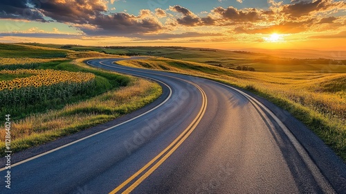 Highway with winding curves through sunflower fields, bright yellow blooms under a warm sunset,