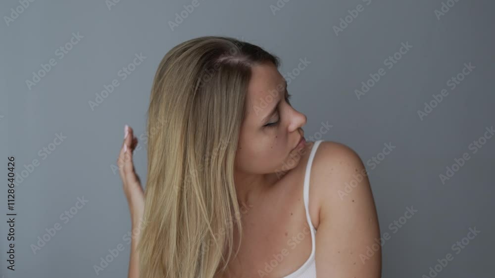 Young blonde woman showing her shiny smooth hair with hands demonstrating a result of coloring with air touch technique, highlighting, hair lamination or keratin straightening on dark grey background Young blonde woman showing her shiny smooth hair with hands demonstrating a result of coloring with air touch technique, highlighting, hair lamination or keratin straightening on dark grey background