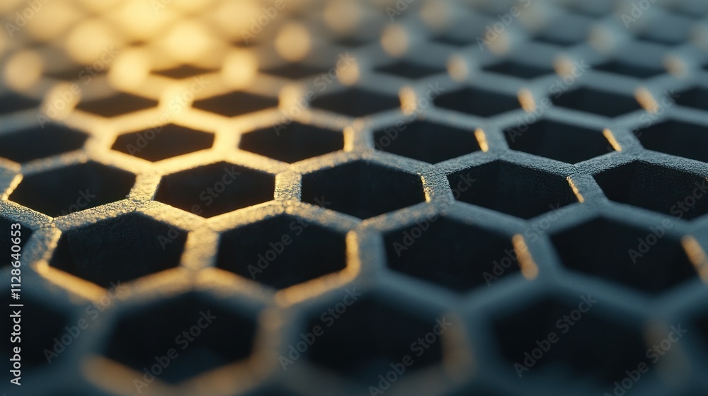 Close-up of a dark gray honeycomb pattern with warm light. Close-up of a dark gray honeycomb pattern with warm light.