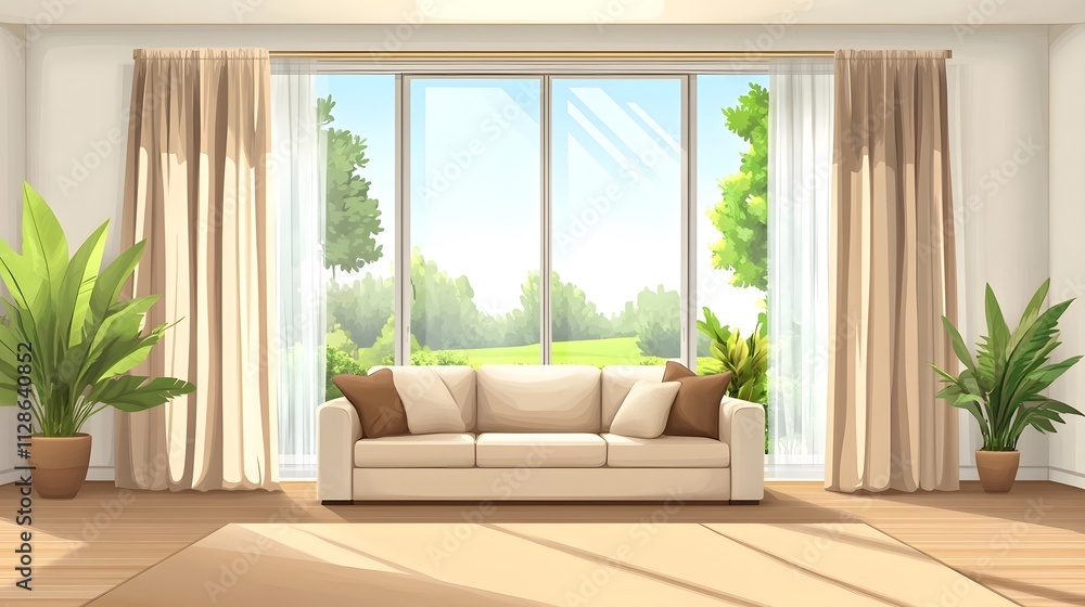 Fototapeta premium Photo of a modern living room with large windows and light wood floors, a beige sofa