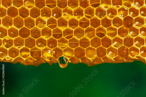 Honey dripping from honey comb on nature background, closeup. Fresh honey dripping from the honeycombs. Healthy food concept and diet photo