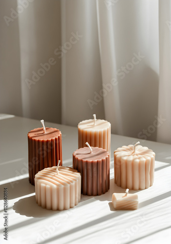 A collection of decorative candles in earthy tones like brown, terracotta, beige, and cream, with geometric ridged designs. Set on a white surface with a translucent curtain in the background. photo