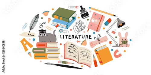 Literature lesson at school, reading and writing concept. Oval art with stacks of books, notebook, pencil, fountain pen,lamp and cute characters. Vector isolated illustration, hand drawn, flat