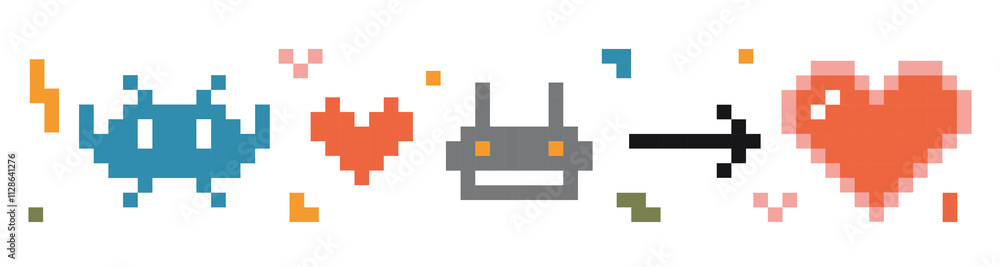 Pixel art composition with alien, robot and hearts, digital drawing, retro style. Trendy modern vector illustration isolated on white background, flat design Pixel art composition with alien, robot and hearts, digital drawing, retro style. Trendy modern vector illustration isolated on white background, flat design