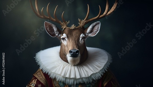 Reindeer renaissance painting portrait who looks like the ruler in human clothing. An illustration of an animal with big horns that is a symbol of Christmas. Dark background photo