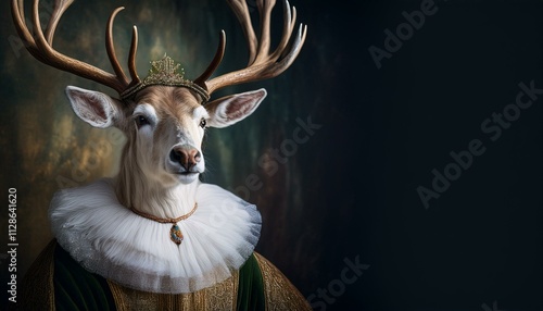 Reindeer renaissance painting portrait who looks like the ruler in human clothing. An illustration of an animal with big horns that is a symbol of Christmas. Dark background photo