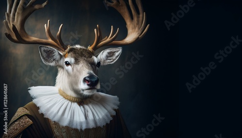 Reindeer renaissance painting portrait who looks like the ruler in human clothing. An illustration of an animal with big horns that is a symbol of Christmas. Dark background photo