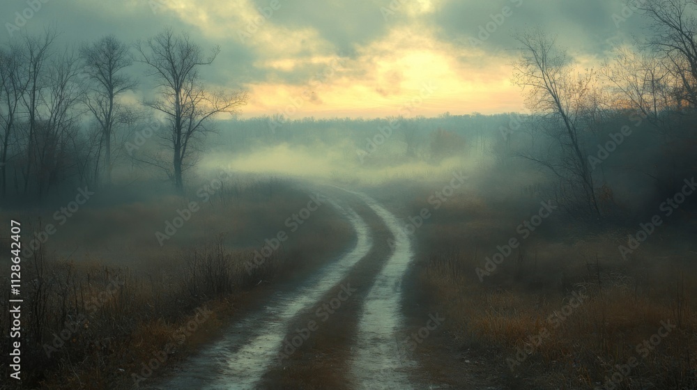 Fototapeta premium Misty Dawn Road Winding Through Autumnal Fields
