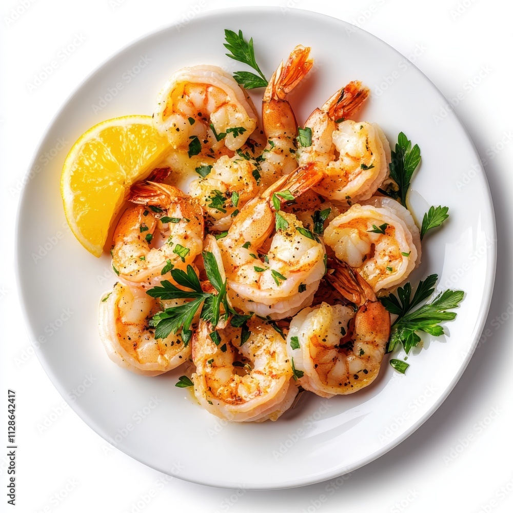 Shrimp Scampi isolated on white background, top view Shrimp Scampi isolated on white background, top view