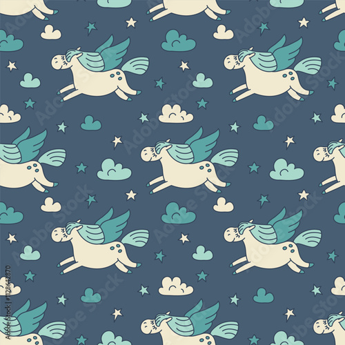 Cute flying horses in night sky. Pegas seamless vector pattern