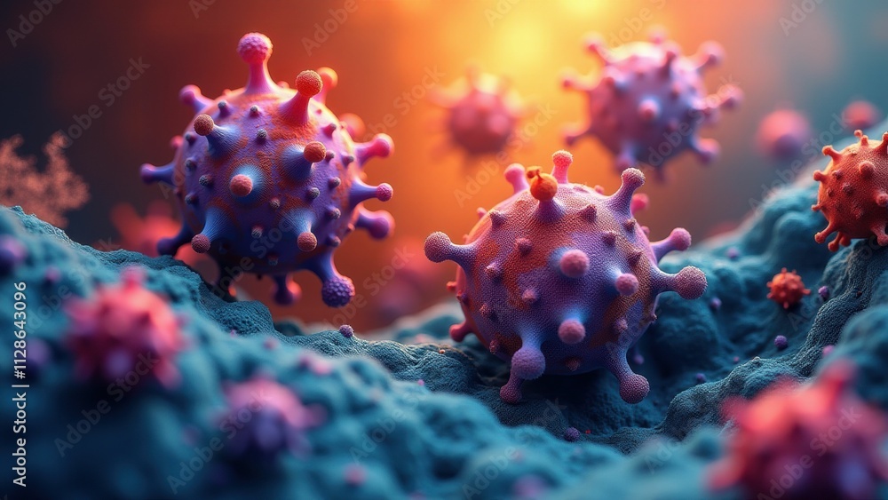 Fototapeta premium Close-up of glowing virus-like structures in pink and red hues, symbolizing virology and medical science