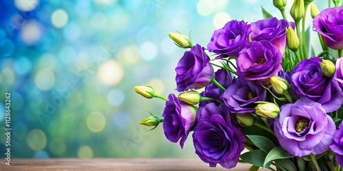 Beautiful Bouquet of Violet Lisianthus Flowers with Lush Green Leaves on a Soft Background, Perfect for Floral Arrangements, Weddings, and Celebrations