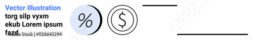 Financial symbols including a percent sign in a blue circle and a dollar sign in a black circle with text. Ideal for banking, finance, accounting, marketing, ecommerce, investments, budgeting