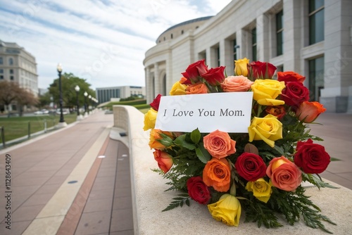 Beautiful Bright Bouquet of Colorful Roses with White Card Inscribed 'I Love You Mom' Celebrating Mother's Day or Any Special Holiday with Elegant Floral Arrangement