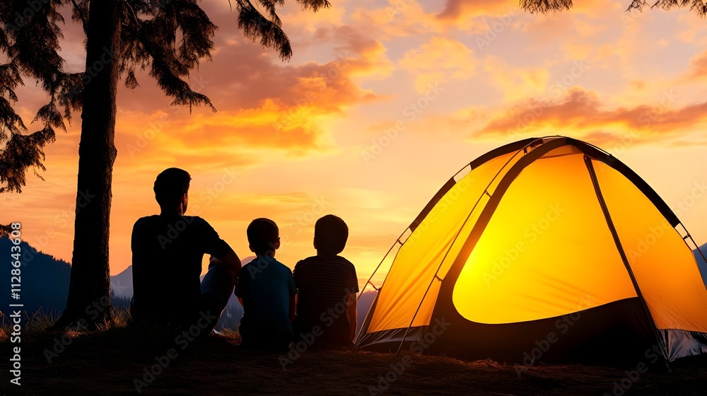 Family Camping Adventure at Sunset with Silhouettes and Tent in Beautiful Natural Landscape Family Camping Adventure at Sunset with Silhouettes and Tent in Beautiful Natural Landscape