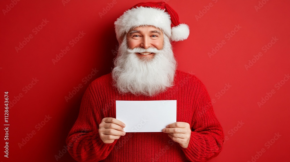 Smiling Santa holding blank white card against red background. Smiling Santa holding blank white card against red background.
