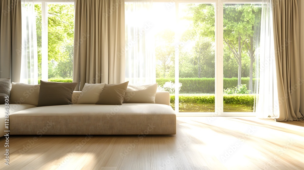 Photo of a modern living room with large windows and light wood floors, a beige sofa Photo of a modern living room with large windows and light wood floors, a beige sofa