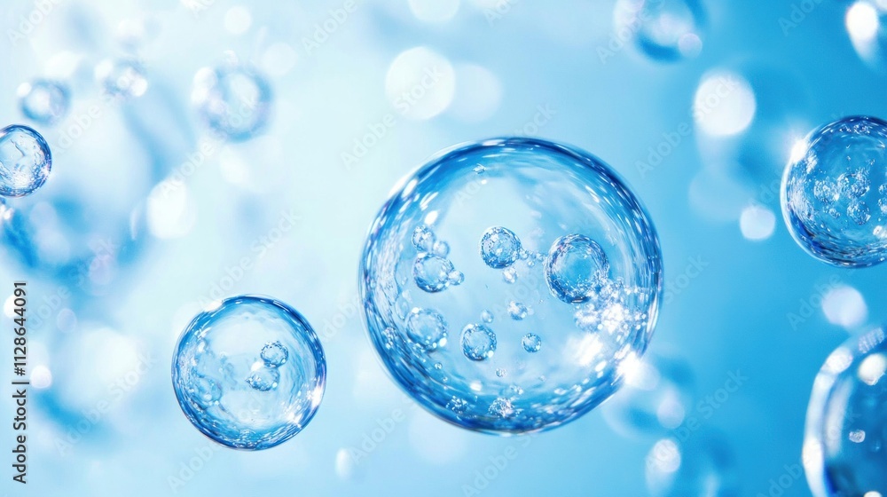 Light blue transparent water bubbles against a bright background. Light blue transparent water bubbles against a bright background.