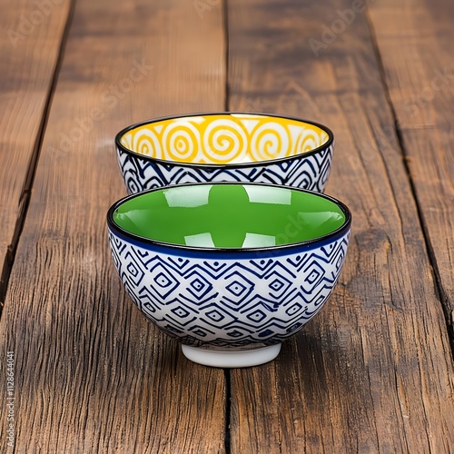 Wallpaper Mural Colorful ceramic bowls with intricate patterns on a rustic wooden surface Torontodigital.ca