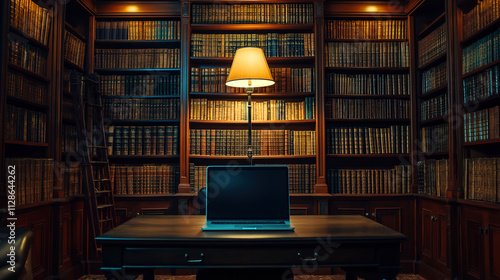 laptop amidst old books in a beautifully designed classic library interior