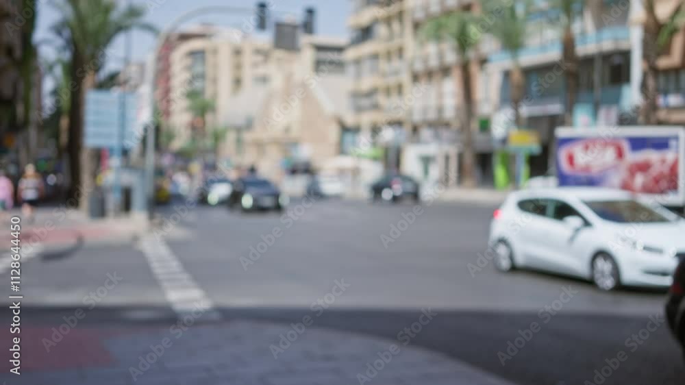 Blurred urban scene of men and women walking on a busy street with various buildings and cars in the background during a sunny day
