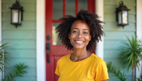 A new homeowner smiling in front of their freshly painted front door.