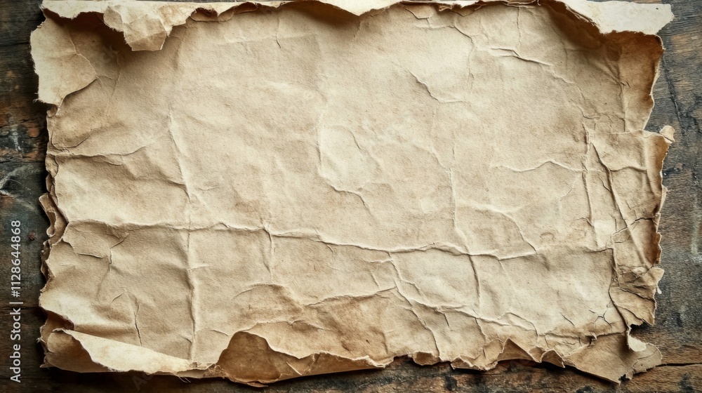 Aged Crumpled Paper on Wooden Surface Aged Crumpled Paper on Wooden Surface