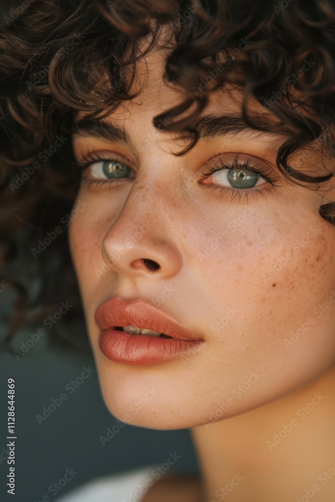 Fototapeta premium Portrait of a woman showcasing skincare beauty, featuring healthy skin treatments and luxury spa elements. Emphasizes natural glow, curly hair, and organic makeup for self-care