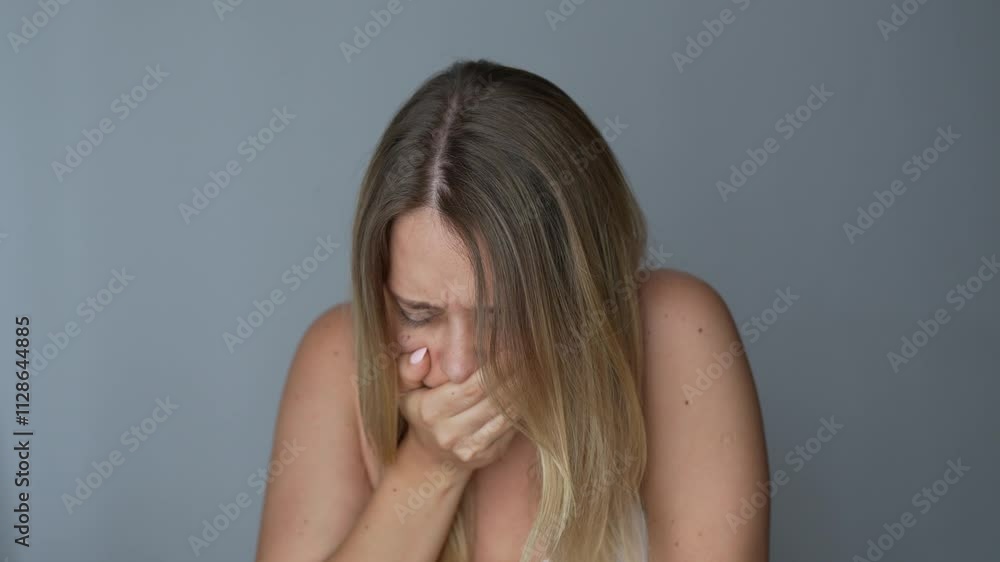 Young caucasian blonde woman covering her mouth and holding her chest with hand because of the nausea on a dark grey background. Morning sickness, toxicosis, heartburn, poisoning, eating disorder Young caucasian blonde woman covering her mouth and holding her chest with hand because of the nausea on a dark grey background. Morning sickness, toxicosis, heartburn, poisoning, eating disorder
