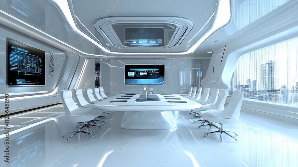 Futuristic white conference room with large screens and city view. Futuristic white conference room with large screens and city view.