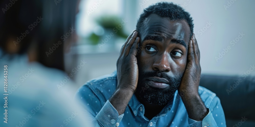 Man struggles with mental health issues, including headaches and anxiety, seeking support from a female psychologist during their consultation Man struggles with mental health issues, including headaches and anxiety, seeking support from a female psychologist during their consultation