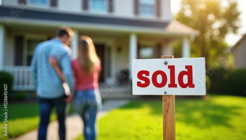 A couple placing their 'sold' sign on the front lawn of their first home