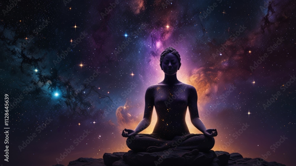 A meditating figure in space surrounded A meditating figure in space surrounded